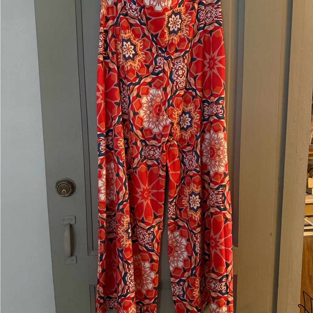 Red and Orange Wide Leg Pants with Floral Print